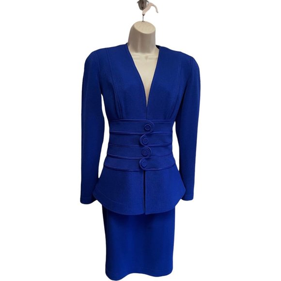 Vintage 80's Tadashi Bandage Fabric Mugler-Esque Jacket & Skirt Suit M Cobalt
